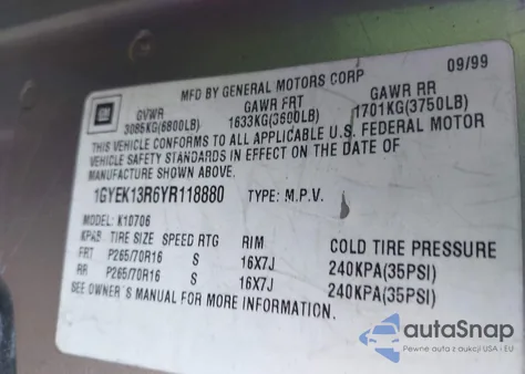 2000 Cadillac Escalade Standard from USA, damaged, VIN 1GYEK13R6YR118880